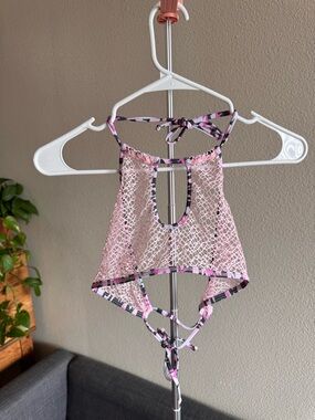 Microminimus Pink Lace High-Neck Bikini Top with Patterned Trim